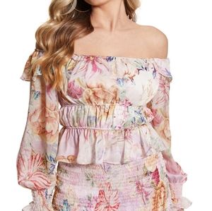 NWT Guess Azura Off-The-Shoulder Ruffled Floral Top